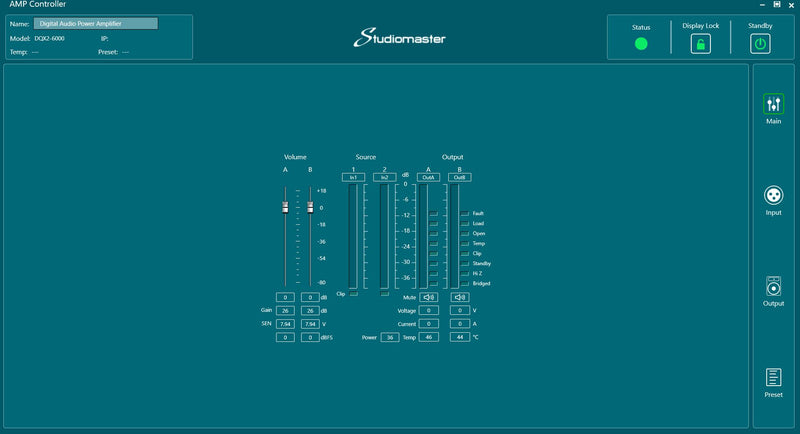 Studiomaster AMP Controller software interface on a teal background