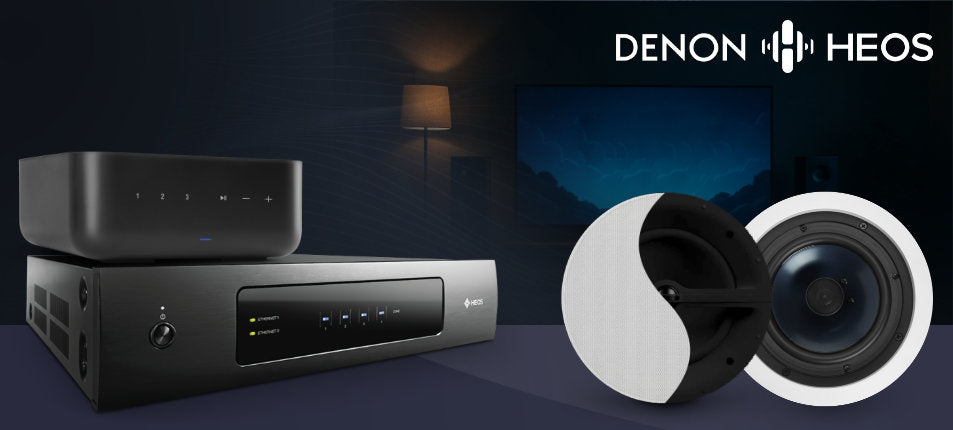 Denon HEOS audio equipment with speakers on a dark background