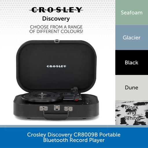 Crosley Discovery portable Bluetooth record player shown open, with a color selection graphic on the right listing Seafoam, Glacier, Black, and Dune.