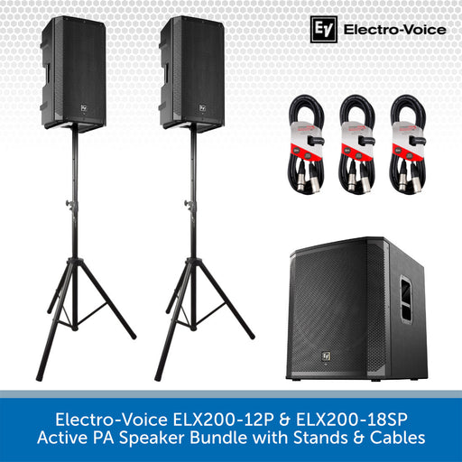 Electro-Voice ELX200-12P and ELX200-18SP active PA speakers with stands and cables on a white background.