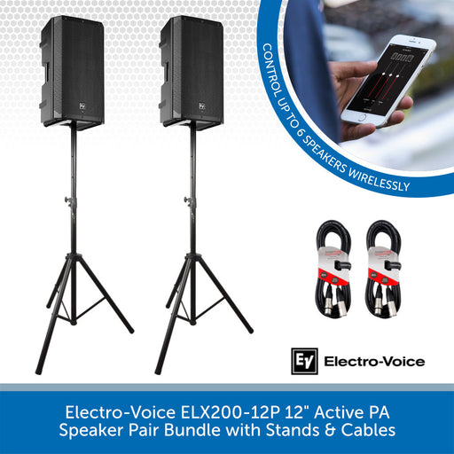 Electro-Voice ELX200-12P active PA speaker pair with stands and cables on a white background.