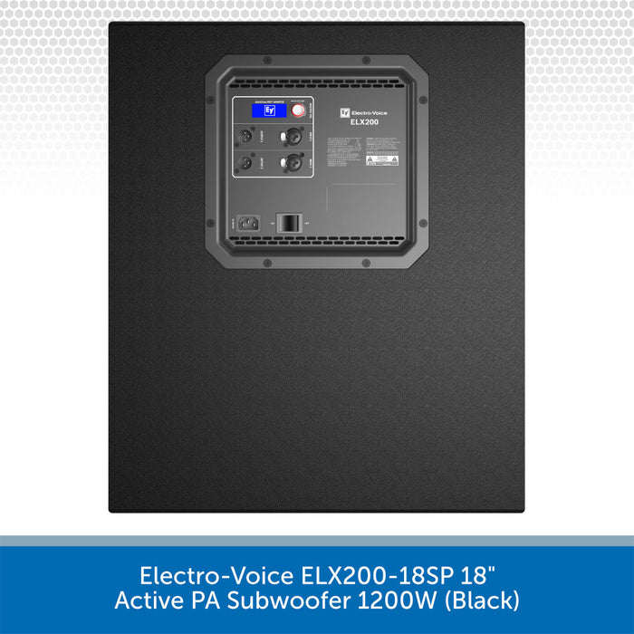 Back panel of an Electro-Voice ELX200-18SP 18-inch active PA subwoofer on a white background.