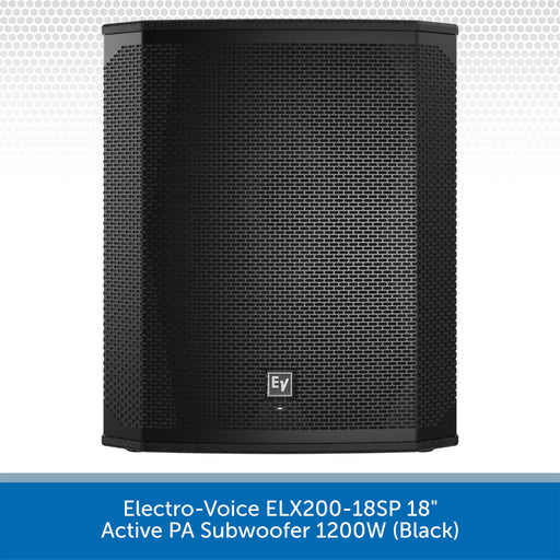 Black active PA subwoofer with Electro-Voice logo on a white background