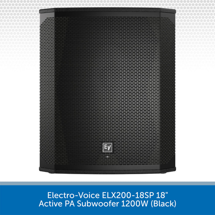 Black active PA subwoofer with Electro-Voice logo on a white background