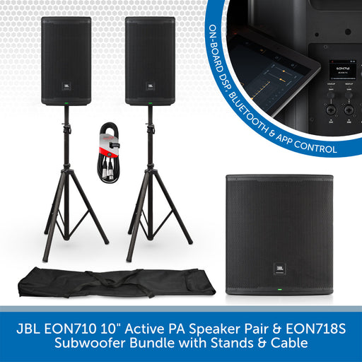 JBL EON710 10" Active PA Speaker Pair & EON718S Subwoofer Bundle with Stands & Cable on a white background.