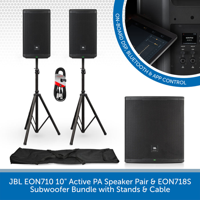 JBL EON710 10" Active PA Speaker Pair & EON718S Subwoofer Bundle with Stands & Cable on a white background.