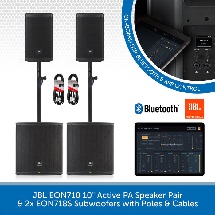 JBL EON710 10" Active PA Speaker Pair & 2x EON718S Subwoofers with Poles & Cables