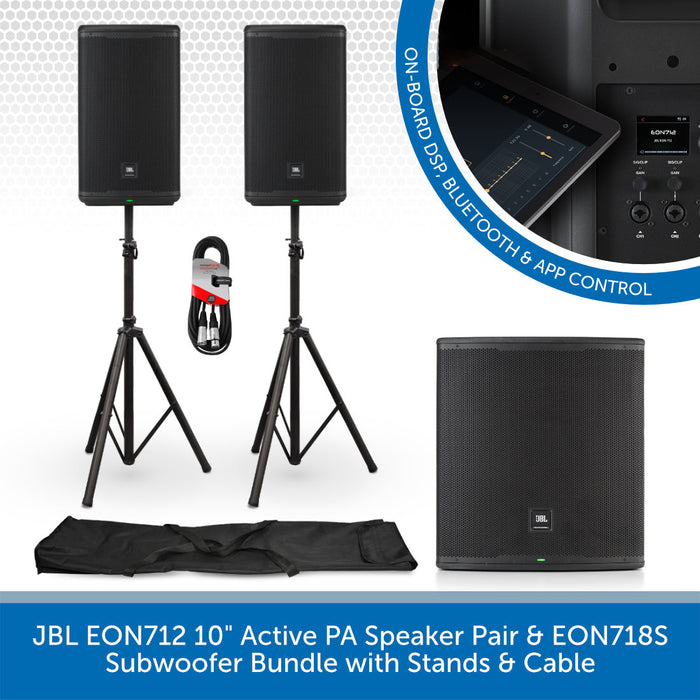 JBL EON712 12" Active PA Speaker Pair & EON718S Subwoofer Bundle with Stands & Cables
