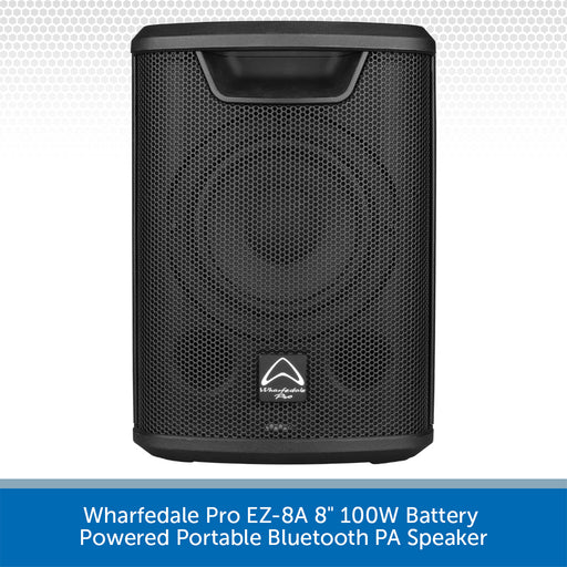 Black portable Bluetooth PA speaker with Wharfedale Pro logo on a white background