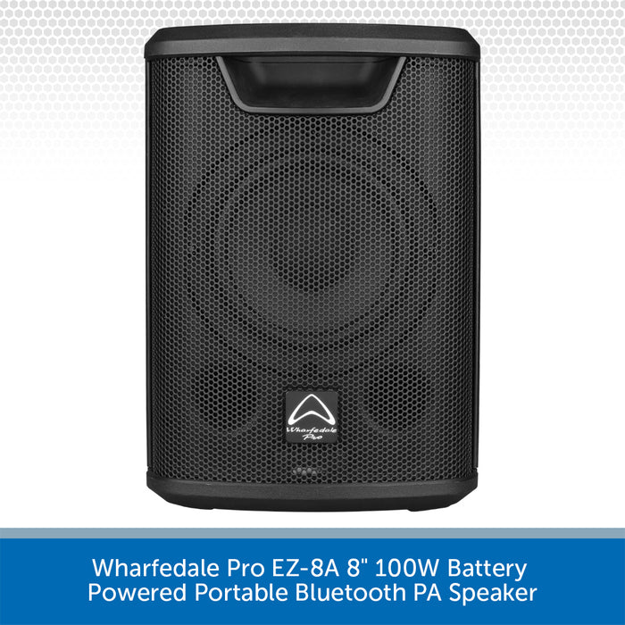 Black portable Bluetooth PA speaker with Wharfedale Pro logo on a white background