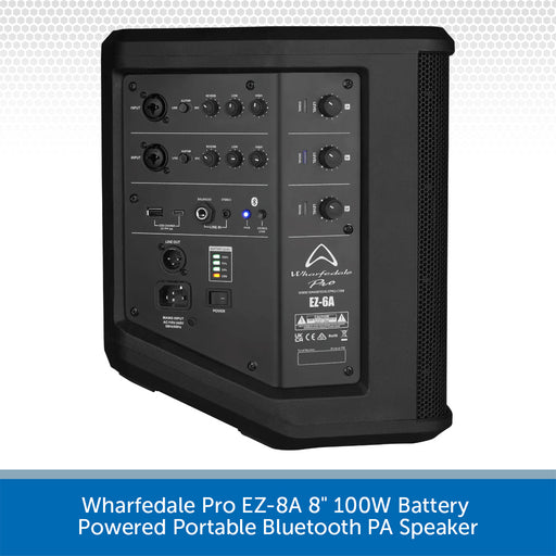 Back view of a black portable PA speaker with control panel on a white background
