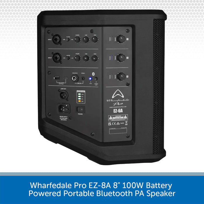 Back view of a black portable PA speaker with control panel on a white background