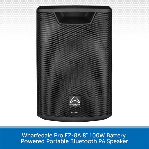 Black portable Bluetooth PA speaker with Wharfedale Pro branding on a light gray background.