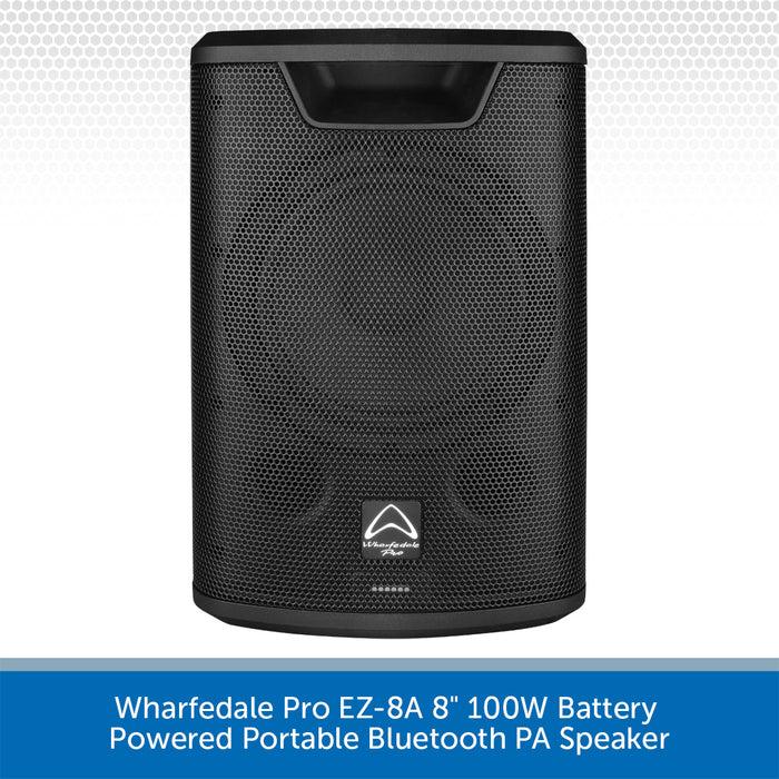 Black portable Bluetooth PA speaker with Wharfedale Pro branding on a light gray background.