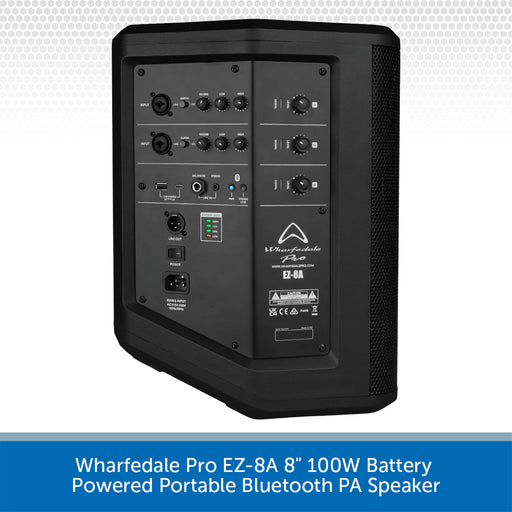Black portable Bluetooth PA speaker with control panel on a light gray background