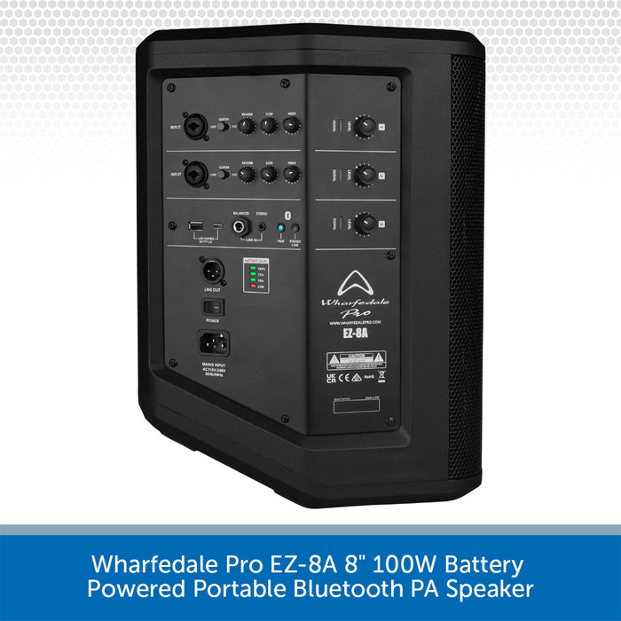 Black portable Bluetooth PA speaker with control panel on a light gray background
