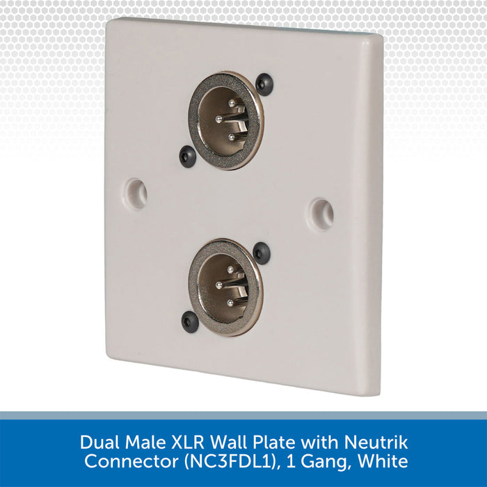 Dual Male XLR Wall Plate with Neutrik Connector (NC3MDL1), 1 Gang, White