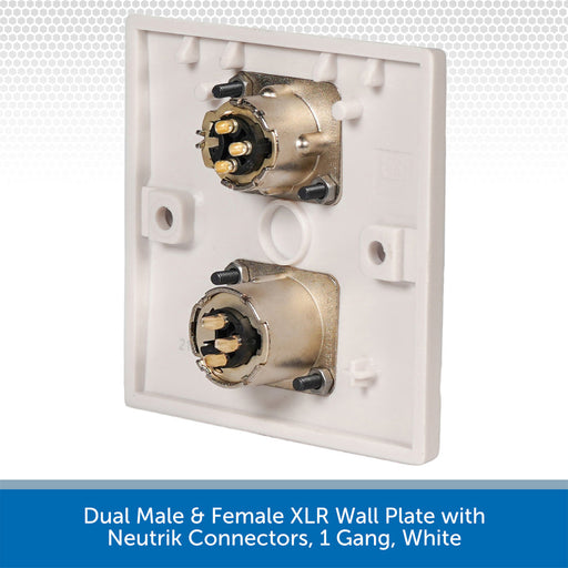 Dual Male & Female XLR wall plate with Neutrik connectors on a white background