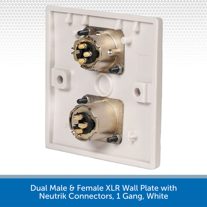 Dual Male & Female XLR wall plate with Neutrik connectors on a white background