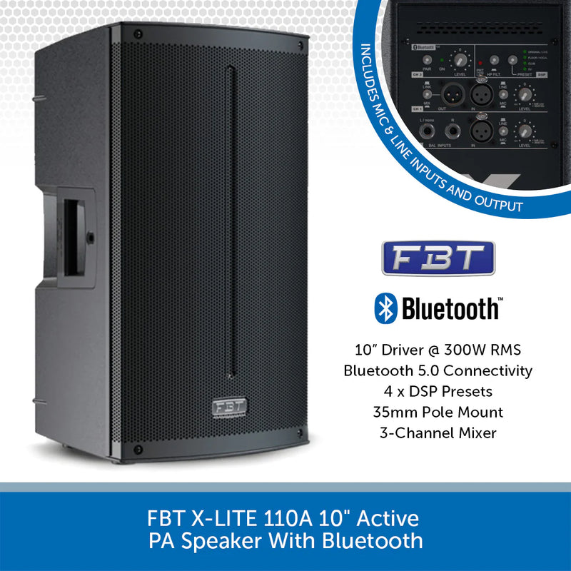 FBT X-LITE 110A 10" Active PA Speaker Package With Air-Cushioned Tripod Stands
