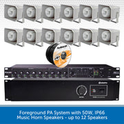 PA system with amplifier and speakers on a white background