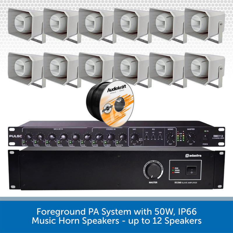 PA system with amplifier and speakers on a white background