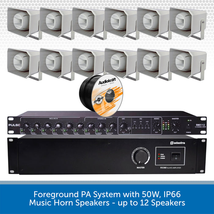 PA system with amplifier and speakers on a white background