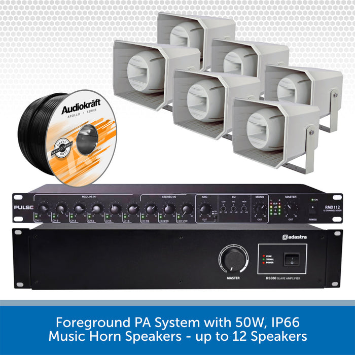 PA system with speakers and amplifier on a white background