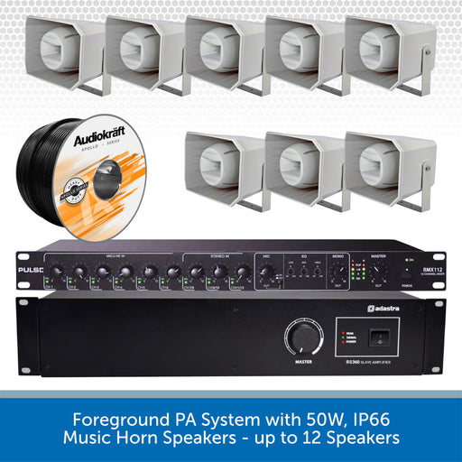 Audio equipment including speakers, amplifier, and cable with Audikraft branding on a white background.