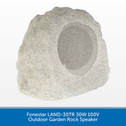 A natural-looking gray stone rock speaker with a circular hollow center, shown on a white background with a blue text banner at the bottom reading 'Funestar LAND-30TR 30W 100V Outdoor Garden Rock Speaker'.