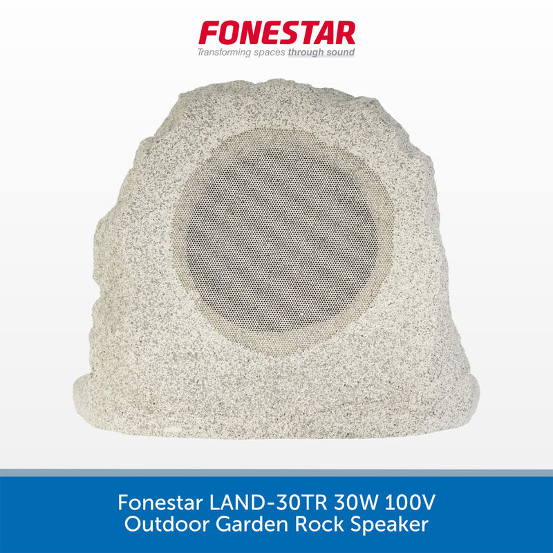 A rock-style outdoor garden speaker by Fonestar, shown from the front on a white background with a blue text banner at the bottom. The speaker has a rough, natural stone texture in light gray and beige tones, with a circular mesh-covered speaker grille in the center.