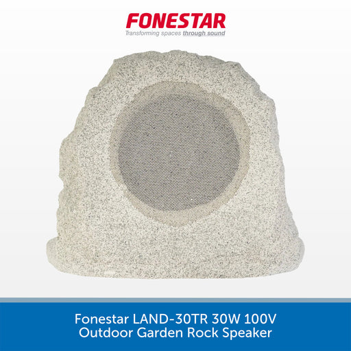 A rock-style outdoor garden speaker by Fonestar, shown from the front on a white background with a blue text banner at the bottom. The speaker has a rough, natural stone texture in light gray and beige tones, with a circular mesh-covered speaker grille in the center.