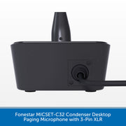 Close-up of the rear of a black desktop paging microphone device with a 3-pin XLR connector, shown on a white background with a blue text banner at the bottom.