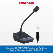 Fonestar MICSET-C32 Condenser Desktop Paging Microphone with 3-Pin XLR, featuring a black flexible gooseneck microphone on a matching rectangular base, shown on a white background with a blue text banner at the bottom.