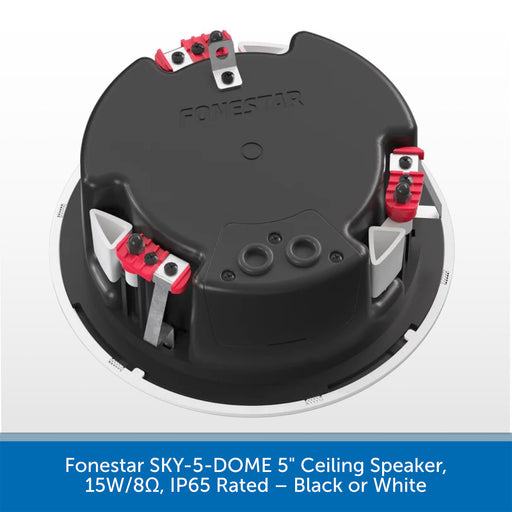 Top-down view of a round black and white ceiling speaker with red terminal connectors, shown on a white background with a blue text banner at the bottom.