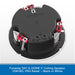 Top-down view of a round black and white ceiling speaker with red terminal connectors, shown on a white background with a blue text banner at the bottom.