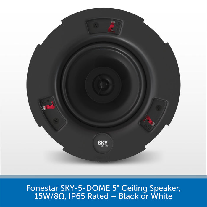 A round black ceiling speaker shown from above on a light gray background, with a blue text banner at the bottom reading 'Forestar SKY-5-DOME 5" Ceiling Speaker, 15W/8Ω, IP65 Rated – Black or White'.