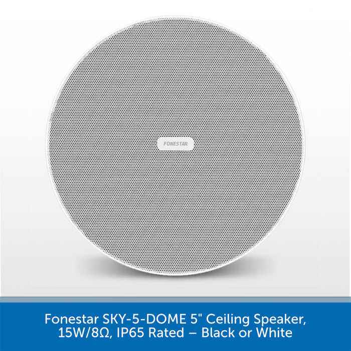 A round ceiling speaker shown from the front on a light gray background, with a blue text banner at the bottom reading 'Forestar SKY-5-DOME 5" Ceiling Speaker, 15W/8Ω, IP65 Rated – Black or White'.