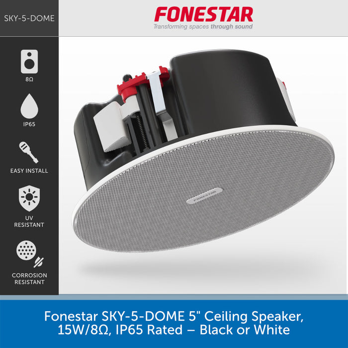 A promotional product graphic for a ceiling speaker. The main subject is a round black and white ceiling speaker shown at an angle, with a left-side feature panel listing IP65, 8Ω, easy install, UV resistant, and corrosion resistant.
