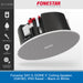 A promotional product graphic for a ceiling speaker. The main subject is a round black and white ceiling speaker shown at an angle, with a left-side feature panel listing IP65, 8Ω, easy install, UV resistant, and corrosion resistant.
