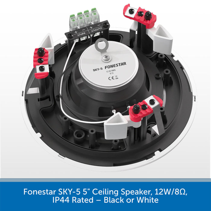 A top-down view of a round ceiling speaker component with visible terminal blocks, a central silver plate printed with 'SKY-5 FONESTAR', and a black circular frame. A blue text banner at the bottom reads 'Fonestar SKY-5 5" Ceiling Speaker, 12W/8Ω, IP44 Rated – Black or White'.