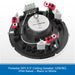 A top-down view of a round ceiling speaker component with visible terminal blocks, a central silver plate printed with 'SKY-5 FONESTAR', and a black circular frame. A blue text banner at the bottom reads 'Fonestar SKY-5 5" Ceiling Speaker, 12W/8Ω, IP44 Rated – Black or White'.