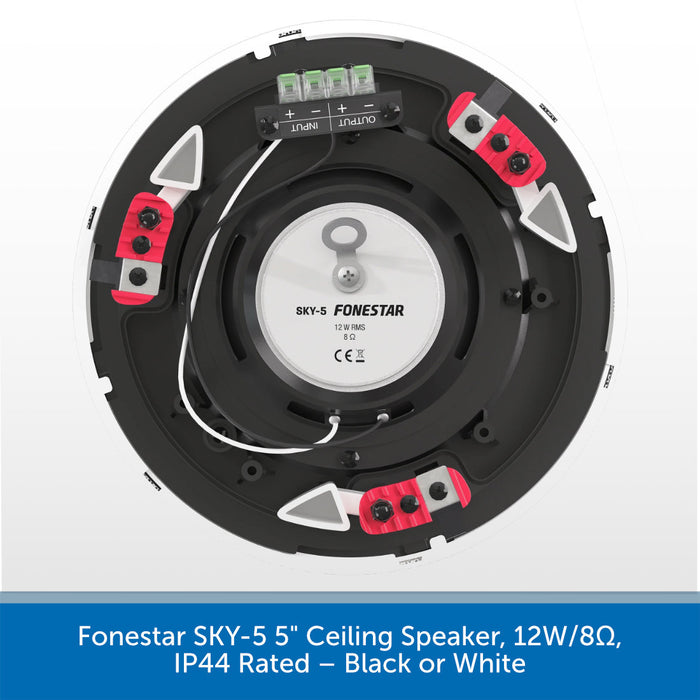 Top-down view of a circular ceiling speaker showing the internal components, including the central cone, terminal posts, and red and white mounting clips. A blue text banner at the bottom reads 'Funestar SKY-5 5" Ceiling Speaker, 12W/8Ω, IP44 Rated — Black or White'.