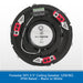 Top-down view of a circular ceiling speaker showing the internal components, including the central cone, terminal posts, and red and white mounting clips. A blue text banner at the bottom reads 'Funestar SKY-5 5" Ceiling Speaker, 12W/8Ω, IP44 Rated — Black or White'.