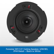 A round black ceiling speaker shown from the front on a light gray background, with a blue text banner at the bottom reading 'Fonestar SKY-5 5" Ceiling Speaker, 12W/8Ω, IP44 Rated — Black or White.' The speaker has visible SKY branding near the bottom center and small red accent details around the outer ring.