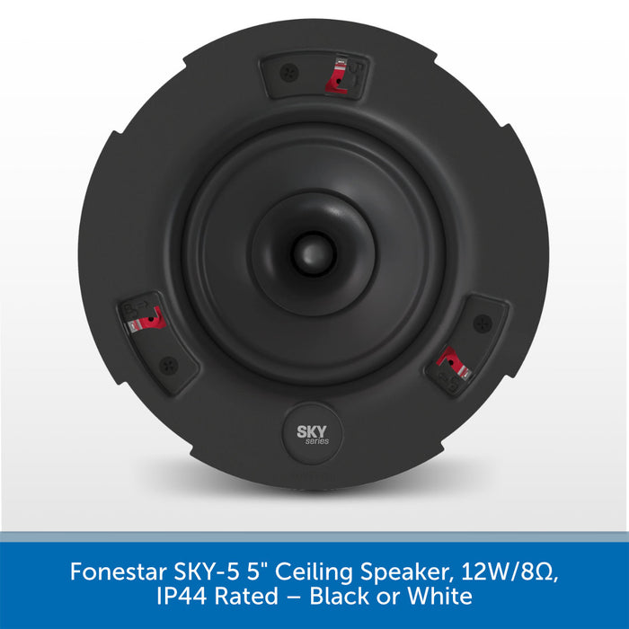 A round black ceiling speaker shown from the front on a light gray background, with a blue text banner at the bottom reading 'Fonestar SKY-5 5" Ceiling Speaker, 12W/8Ω, IP44 Rated — Black or White.' The speaker has visible SKY branding near the bottom center and small red accent details around the outer ring.