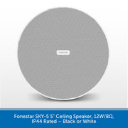 A round ceiling speaker grille shown from the front on a light gray background, with a blue text banner at the bottom reading 'Funestar SKY-5 5" Ceiling Speaker, 12W/8Ω, IP44 Rated — Black or White.'.