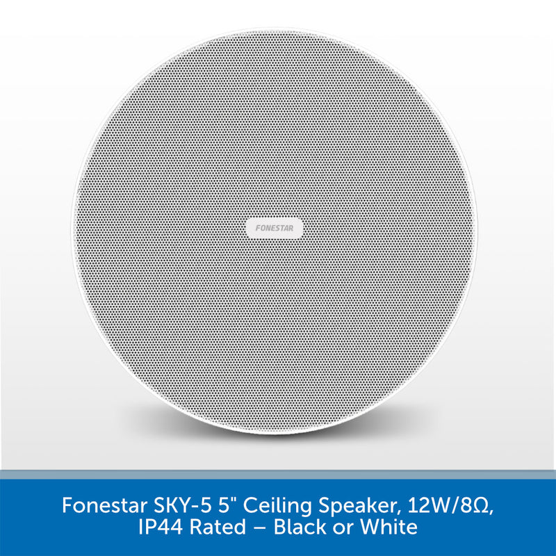 A round ceiling speaker grille shown from the front on a light gray background, with a blue text banner at the bottom reading 'Funestar SKY-5 5" Ceiling Speaker, 12W/8Ω, IP44 Rated — Black or White.'.