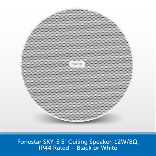A round ceiling speaker grille shown from the front on a light gray background, with a blue text banner at the bottom reading 'Funestar SKY-5 5" Ceiling Speaker, 12W/8Ω, IP44 Rated — Black or White.'.
