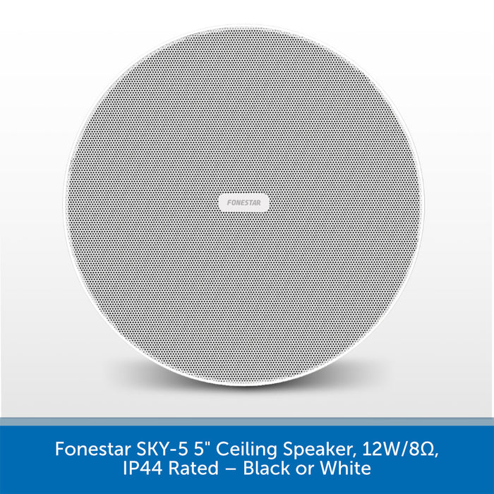 A round ceiling speaker grille shown from the front on a light gray background, with a blue text banner at the bottom reading 'Funestar SKY-5 5" Ceiling Speaker, 12W/8Ω, IP44 Rated — Black or White.'.